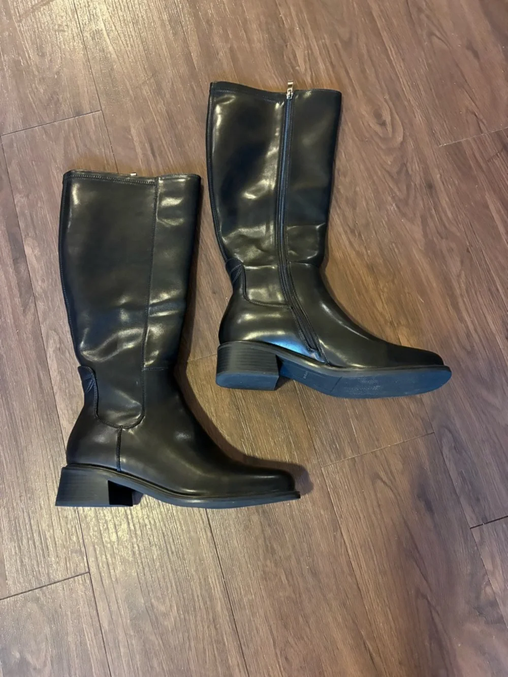 QIY Knee High Faux Leather Elastic Square Toe Side Zipper Fall Long Tall Boots